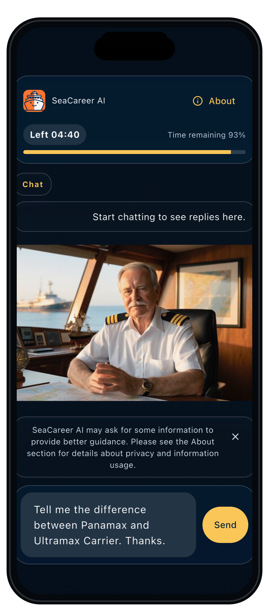 SeaCareer AI app shown in an iPhone frame
